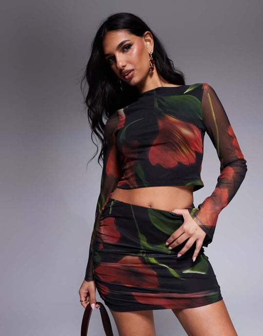 ASOS DESIGN matchande rynkad sidominikjol i svart blommönster - Image 2