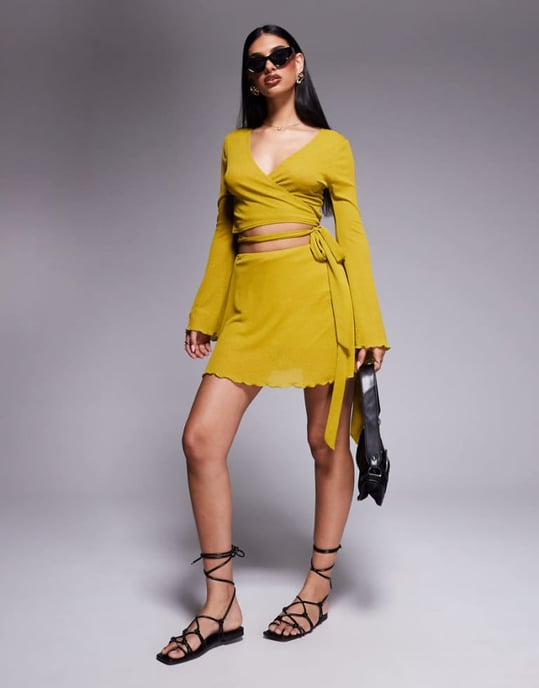ASOS DESIGN co-ord ruffle mesh wrap mini skirt with side knot detail in chartreuse - Image 1