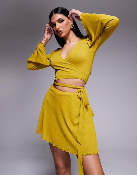ASOS DESIGN co-ord ruffle mesh wrap mini skirt with side knot detail in chartreuse - Image 2