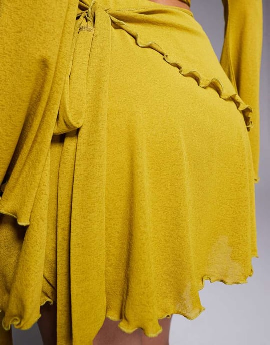 ASOS DESIGN co-ord ruffle mesh wrap mini skirt with side knot detail in chartreuse - Image 4