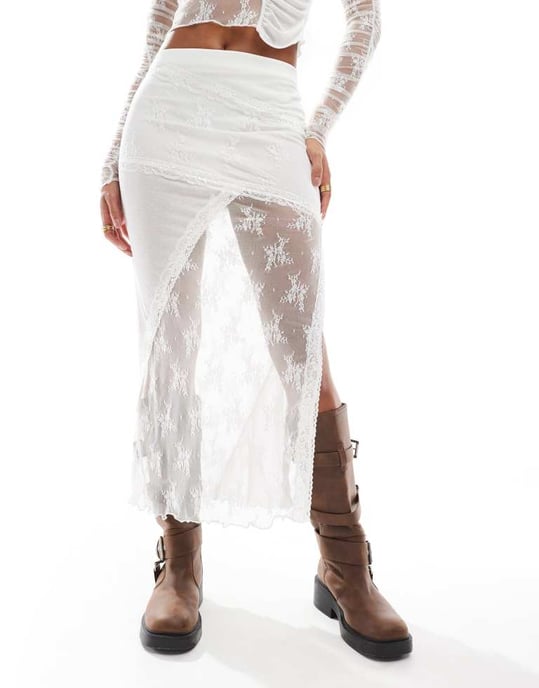 ASOS DESIGN koord spets- och meshblandning midi kjol i vitt - Image 2