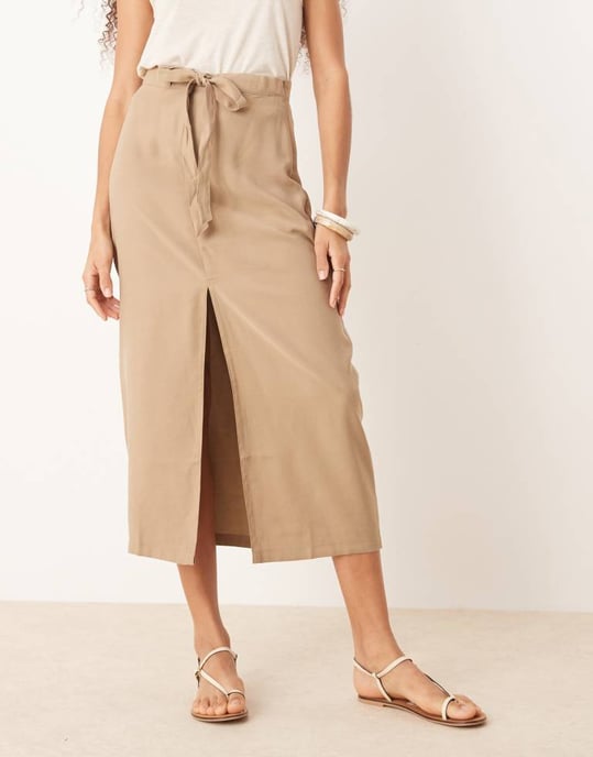 JDY tie waist midi skirt in beige - Image 2
