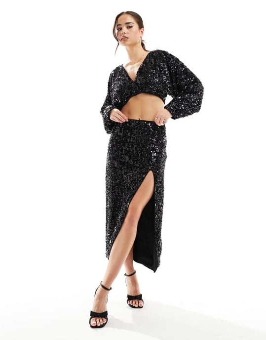 ASOS DESIGN paljettmidkjol med sprunddetalj i svart - Image 4