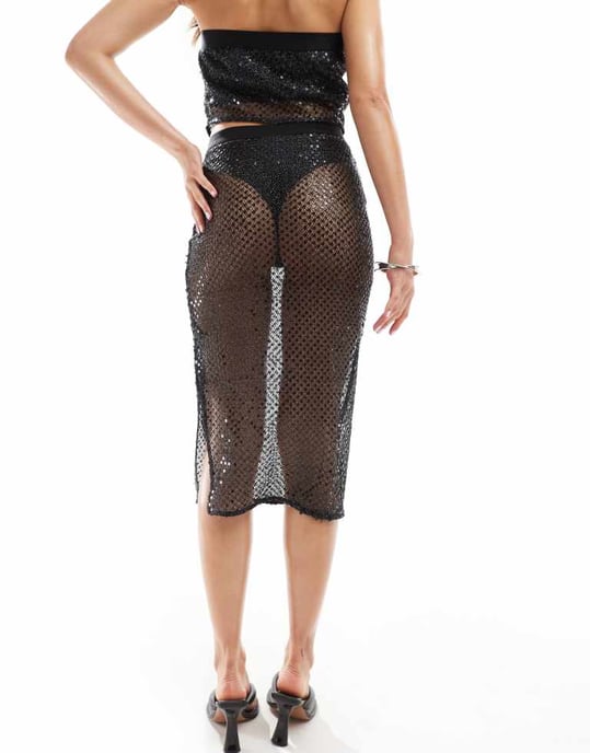 ASOS DESIGN koord paljettfisknäts midikjol i svart - Image 3