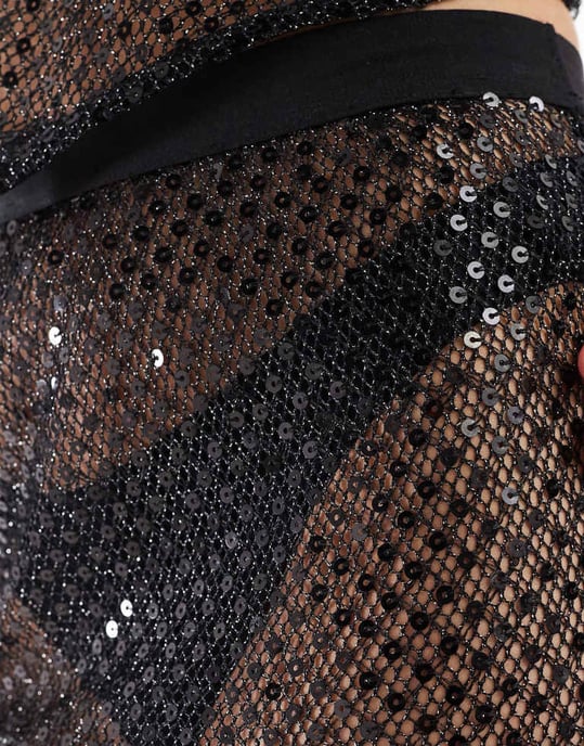 ASOS DESIGN koord paljettfisknäts midikjol i svart - Image 4