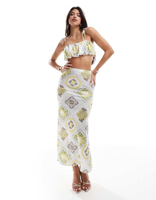 ASOS DESIGN koord satin twill midi kjol i dukmönster - Image 1