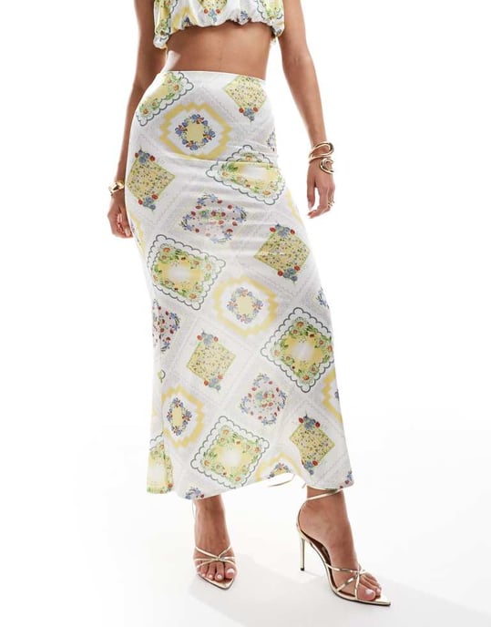 ASOS DESIGN koord satin twill midi kjol i dukmönster - Image 2