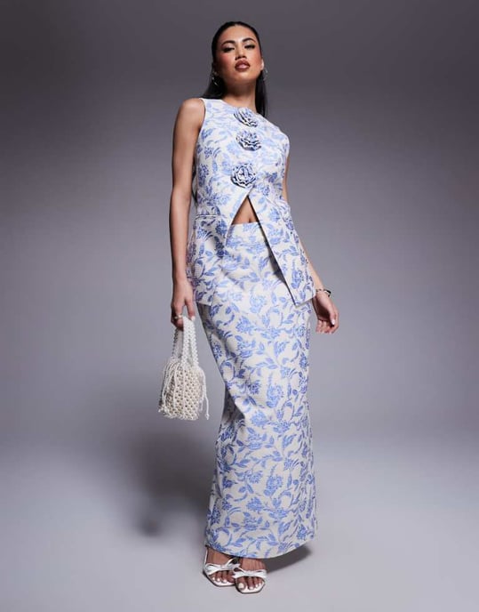 ASOS LUXE co-ord jacquard tailored maxi skirt with split back in tapestry floral - Image 1