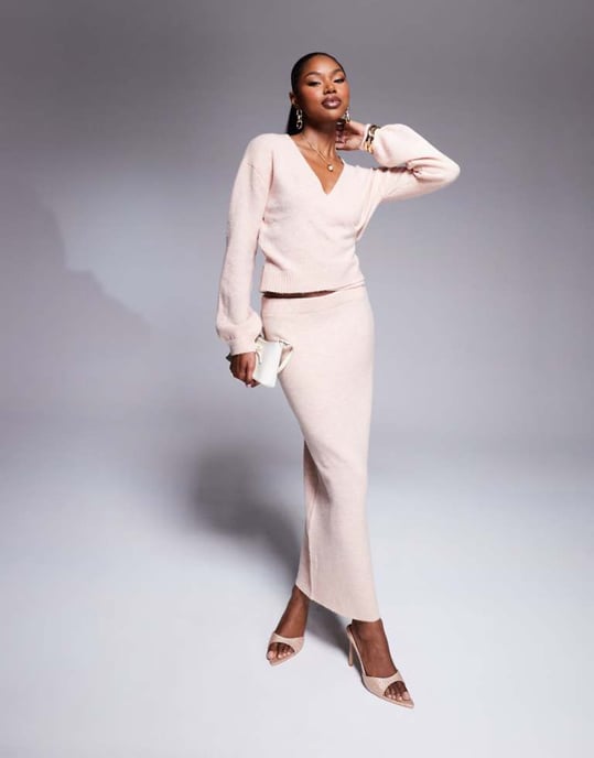 Kaiia exclusive knitted column maxi skirt co-ord in pink - Image 1