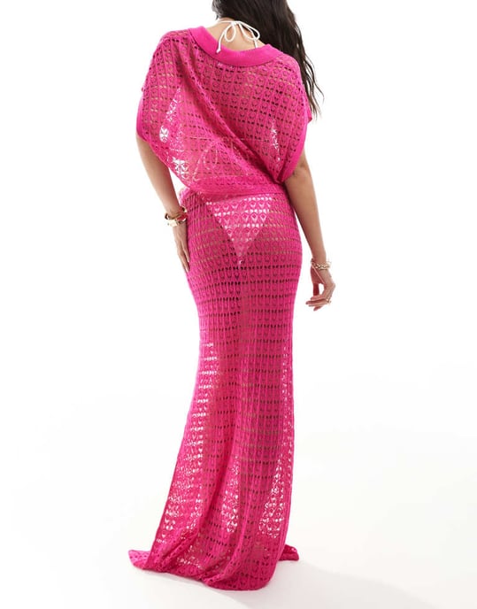 ASOS DESIGN stickad co-ord strandmaxikjol i rosa - Image 3