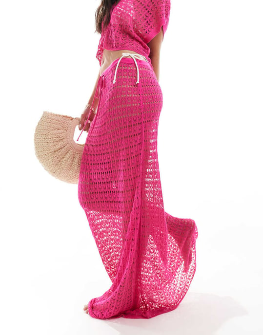 ASOS DESIGN stickad co-ord strandmaxikjol i rosa - Image 4