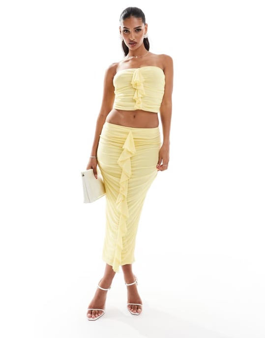 In The Style exclusive ruffle detail maxi skirt co-ord in yellow - Image 1