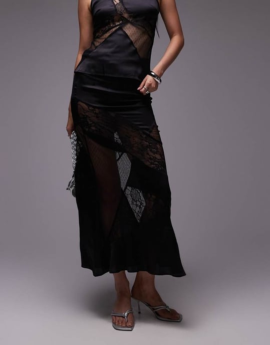 Topshop co-ord satin and lace mix maxi skirt in black - Image 4
