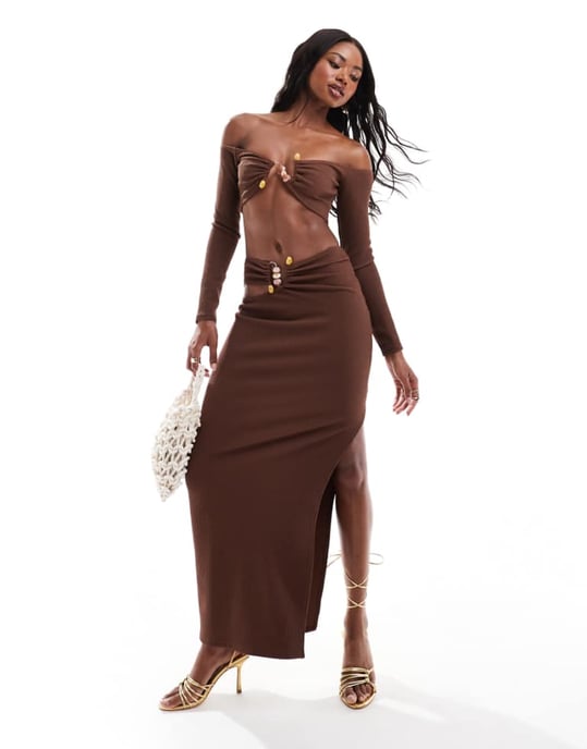 ASOS DESIGN co-ord maxijurk med trimdetaljer i choklad - Image 1