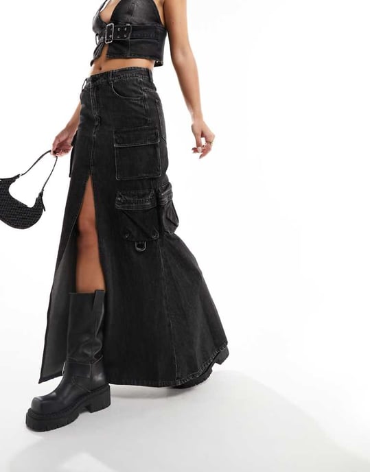 Miss Sixty cargo denim maxi skirt in black - Image 1