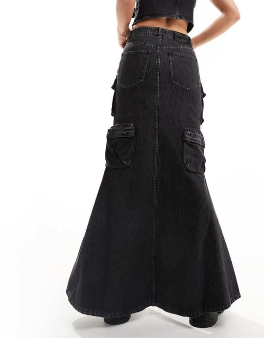 Miss Sixty cargo denim maxi skirt in black - Image 2