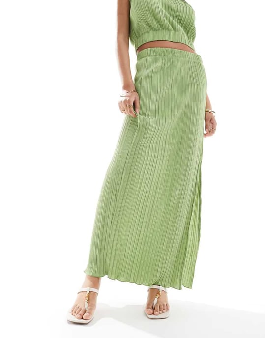 Vero Moda plisserad delad maxikjol i mellan grön - Image 4
