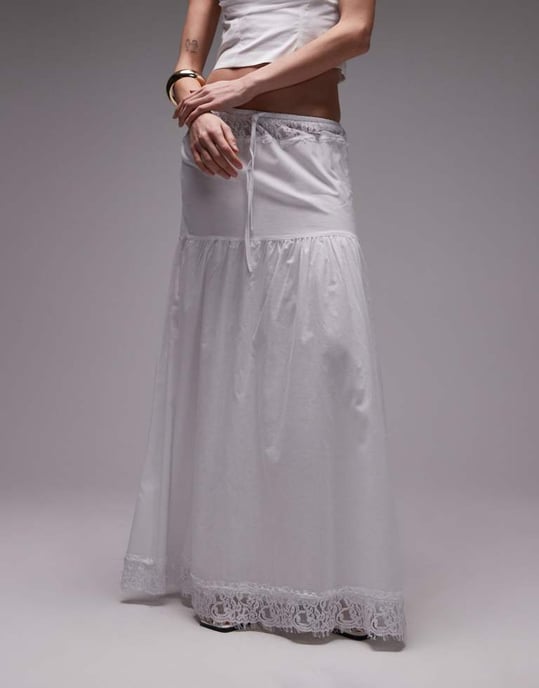 SNDYS poplin lace insert tiered maxi skirt in white - Image 4