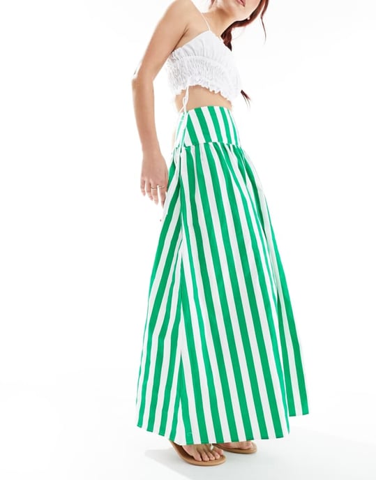 ASOS DESIGN maxikjol i grönrandig bomullspoplin med sänkt midja - Image 4