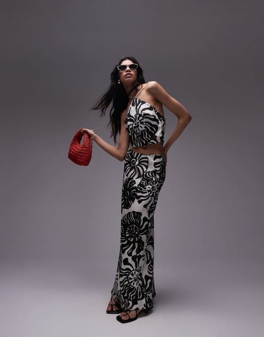 Topshop koord satin twill bias maxi kjol i mono fern smudge-print - Image 2
