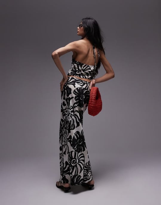 Topshop koord satin twill bias maxi kjol i mono fern smudge-print - Image 3