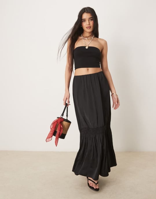 Gina Tricot tiered maxi skirt with lace insert in black - Image 1