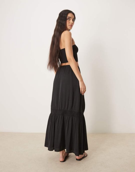 Gina Tricot tiered maxi skirt with lace insert in black - Image 3