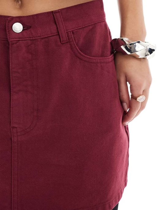 ASOS DESIGN denim mini skirt in burgundy - Image 3