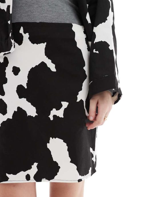 Object stretch denim mini skirt co-ord in black cow print - Image 4