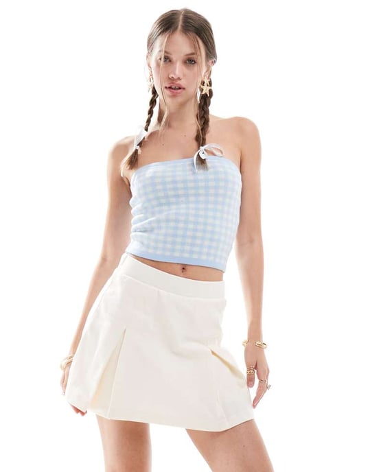 Miss Selfridge herringbone plisserad skort set i krämfärg - Image 2
