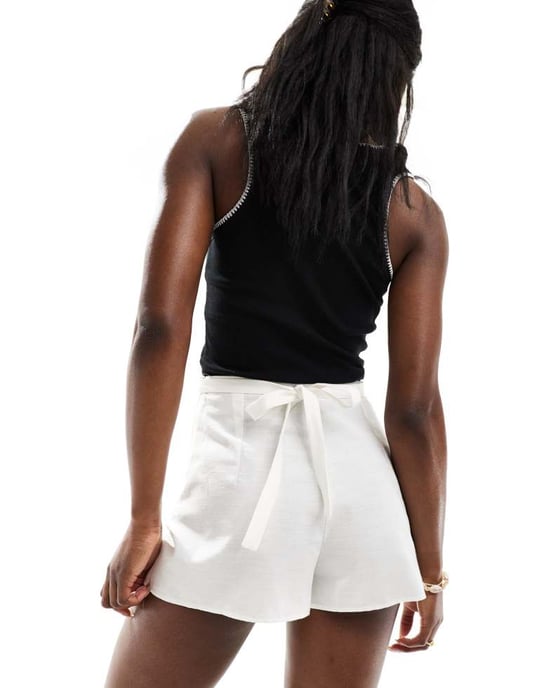 ASOS DESIGN linen wrap skort in ivory - Image 4