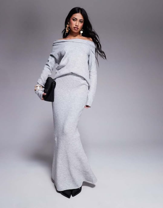 Kaiia exclusive twist front bardot jumper co-ord in grey - Image 2