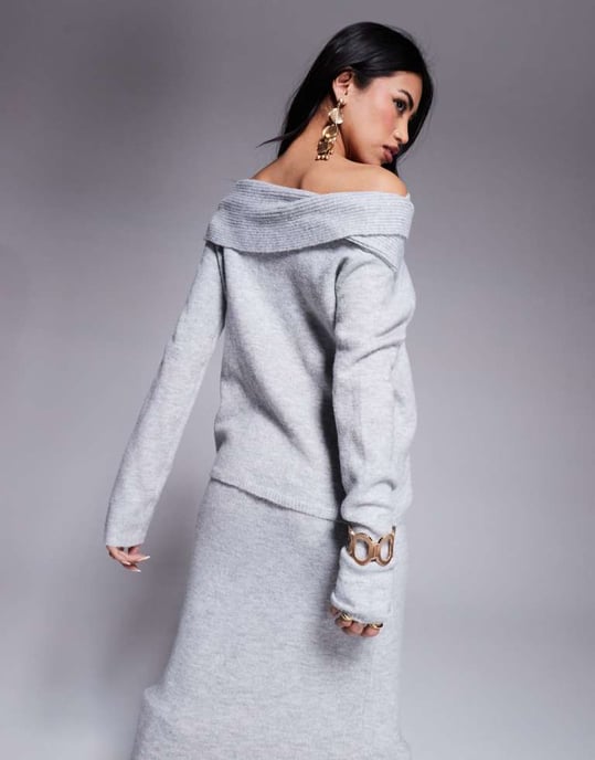 Kaiia exclusive twist front bardot jumper co-ord in grey - Image 4