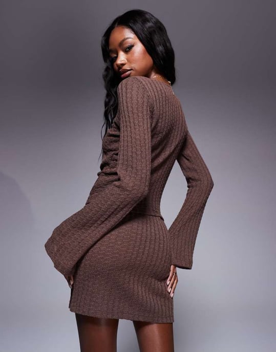 ASOS DESIGN co-ord crochet knit long sleeve top with hardware detail in brown - Image 2