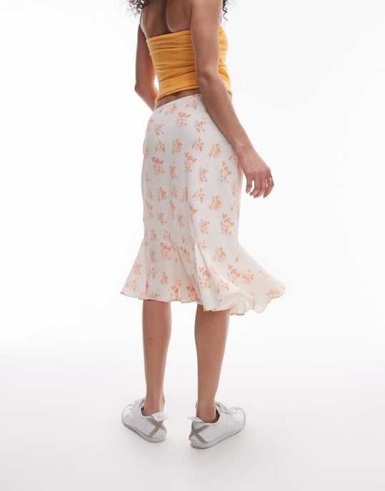 Topshop blommig över knäna dubbla volangkjol i amberblommigt - Image 3