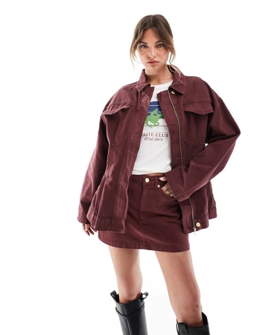 ASOS DESIGN denim kjol med pelmet i bordeaux co-ord - Image 1