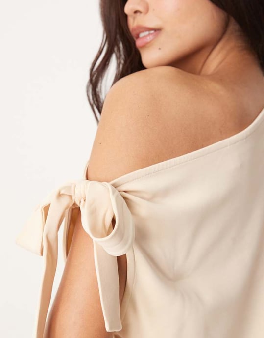 ASOS DESIGN cupro one shoulder tie detail top co-ord in buttermilk - Image 2