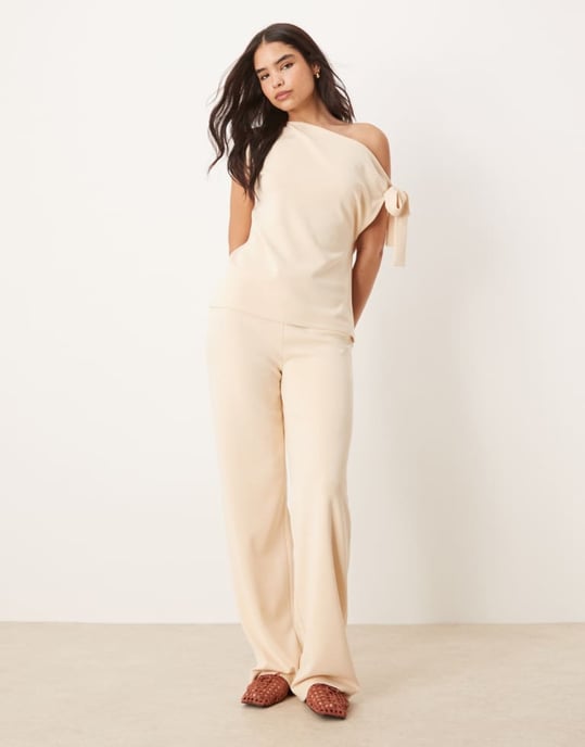 ASOS DESIGN cupro one shoulder tie detail top co-ord in buttermilk - Image 3