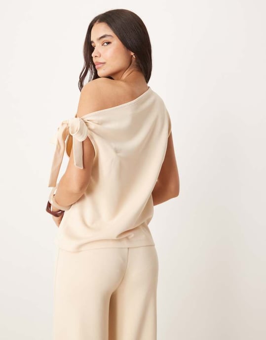 ASOS DESIGN cupro one shoulder tie detail top co-ord in buttermilk - Image 4