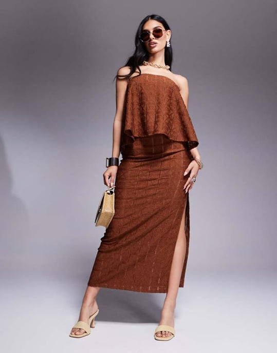 ASOS DESIGN co-ord crochet midaxi skirt with side split detail in chocolate - Image 1