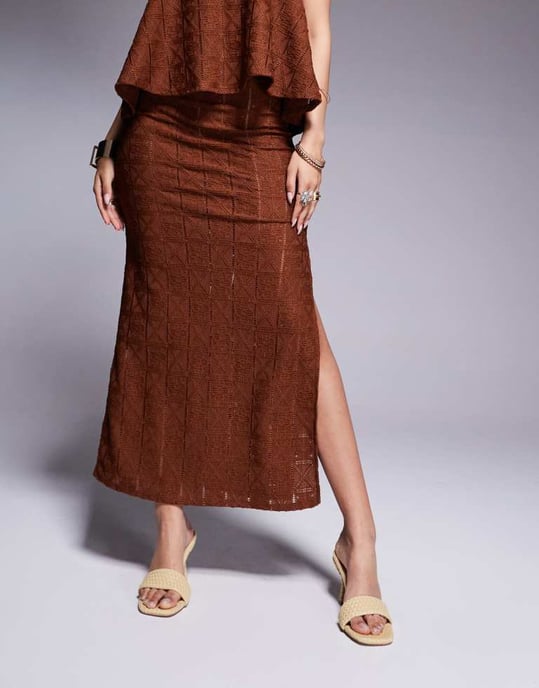 ASOS DESIGN co-ord crochet midaxi skirt with side split detail in chocolate - Image 4