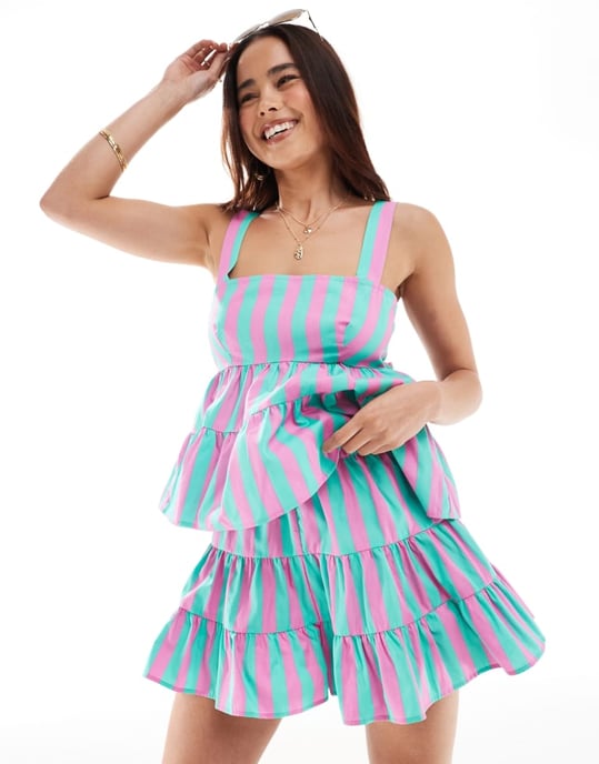 ASOS DESIGN kort koord med lager i rosa och grön rand - Image 4