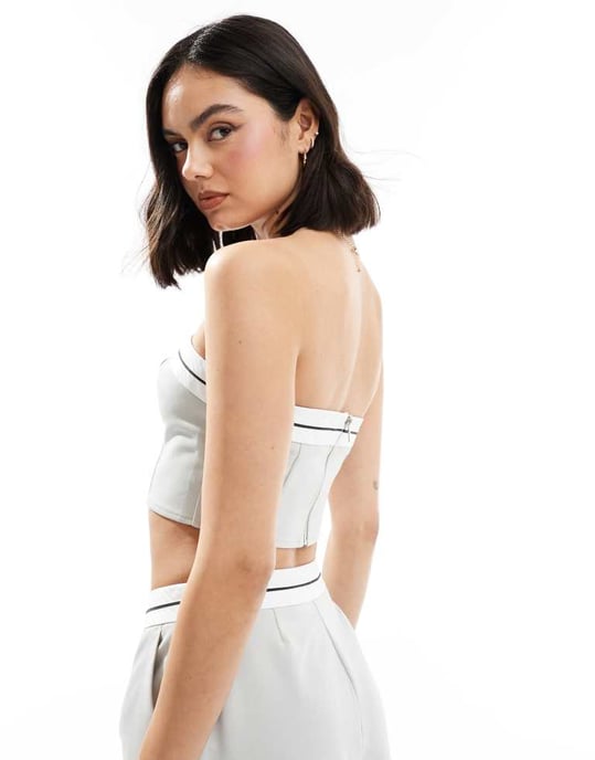 Miss Selfridge skräddarsydd bandeau-top med kontrastdetaljer i blågrått co ord - Image 3