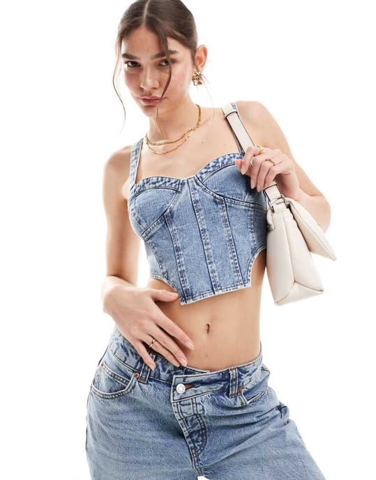 Miss Selfridge denim söm-ärm top i blå syra tvätt - Image 1