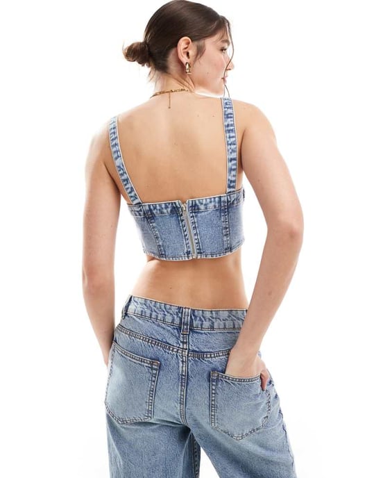 Miss Selfridge denim söm-ärm top i blå syra tvätt - Image 3