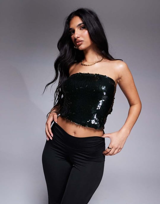 ASOS DESIGN co-ord paljett bandeau topp i skoggrön - Image 3
