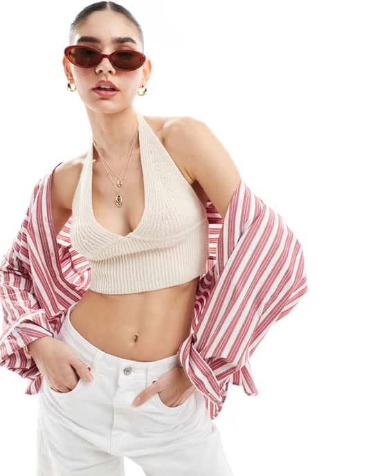 Cotton On faux snäckkant halterneck croptop i ecru virkat set - Image 1