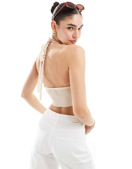Cotton On faux snäckkant halterneck croptop i ecru virkat set - Image 2
