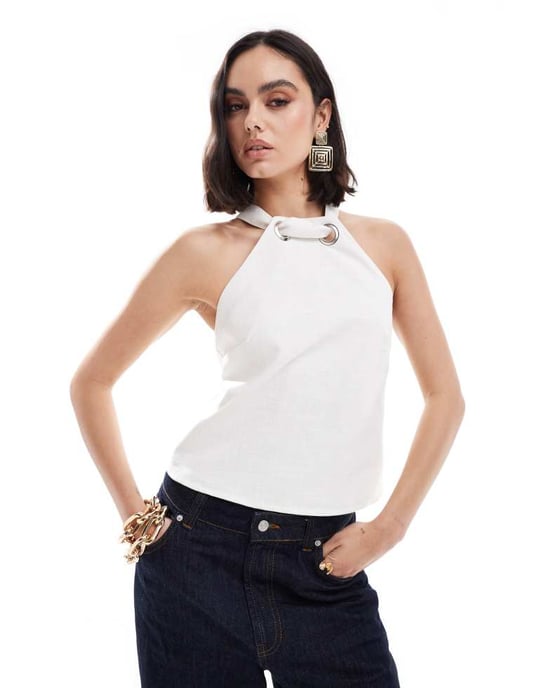 ASOS DESIGN linne halterneck-top med öljett-detaljer i vitt - Image 2
