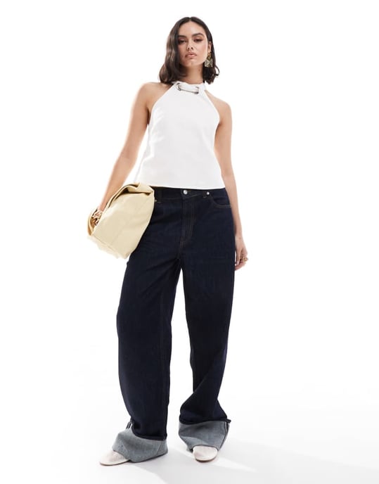 ASOS DESIGN linne halterneck-top med öljett-detaljer i vitt - Image 3